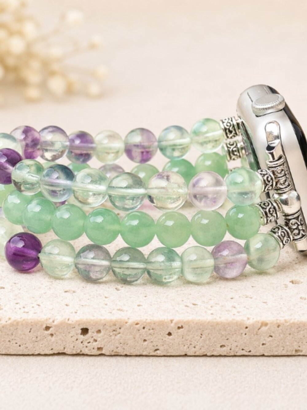 Apple Watch Band 38/40mm Fluorite Green Aventurine Beaded Stainless Bracelet